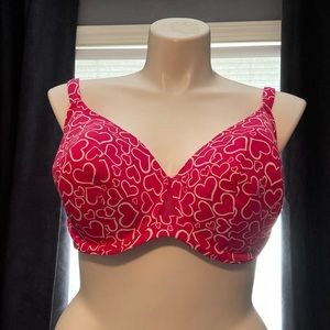 Cacique pink w/hearts padded underwire four hook closure bra size 44DD